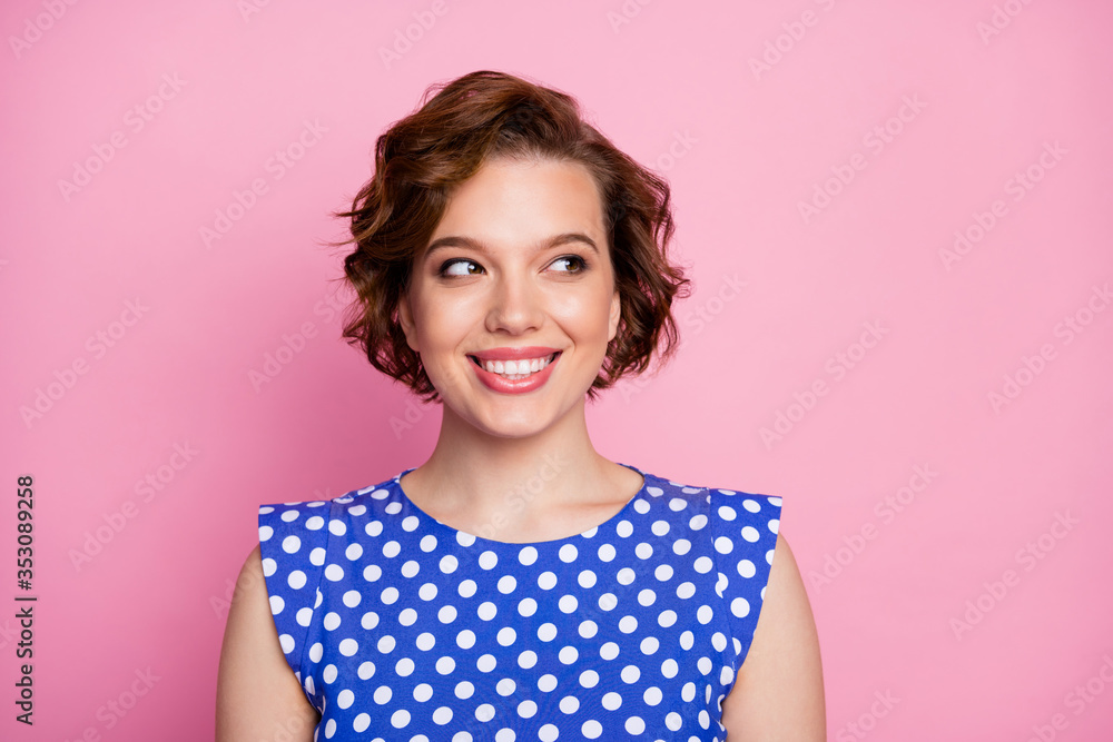 Close-up portrait of her she nice attractive charming lovely pretty cheerful cheery brown-haired girl looking aside isolated over pink pastel color background Close-up portrait of her she nice attractive charming lovely pretty cheerful cheery brown-haired girl looking aside isolated over pink pastel color background