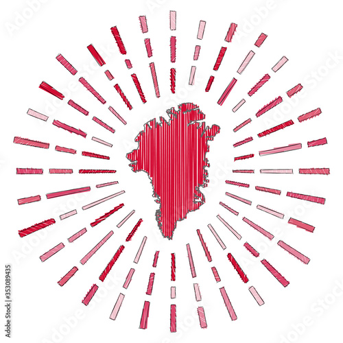 Sketch map of Greenland. Sunburst around the country in flag colors. Hand drawn Greenland shape with sun rays on white background. Vector illustration.