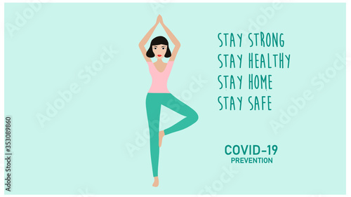 COVID-19 quarantine concept stay strong stay healthy stay home stay safe yoga girl at home vector illustration
