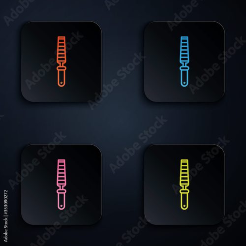 Color neon line Chisel tool for wood icon isolated on black background. Set icons in square buttons. Vector Illustration
