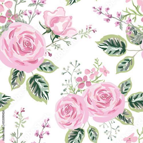 Pink roses, small flowers with green leaves bouquets, white background. Floral illustration. Vector seamless pattern. Botanical design. Nature summer plants. Romantic wedding