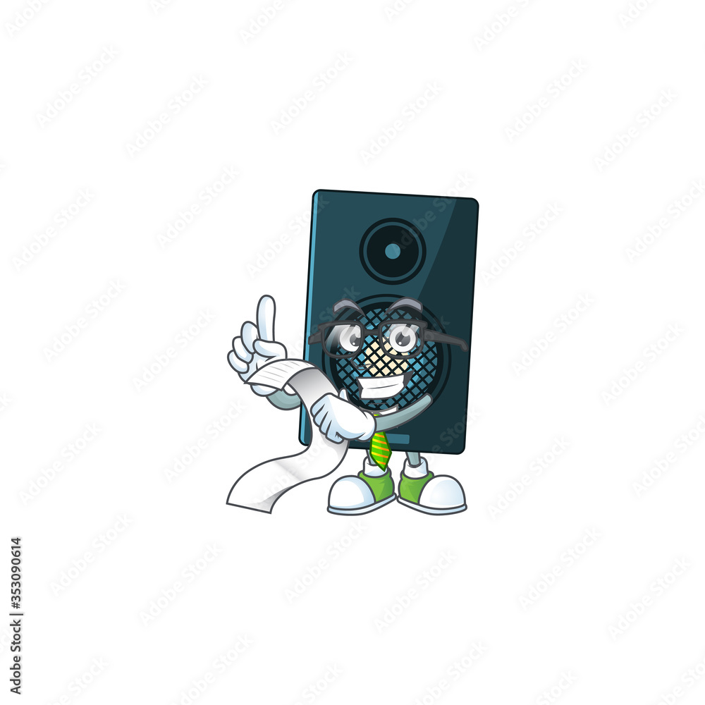 cartoon mascot design of sound system holding a menu list