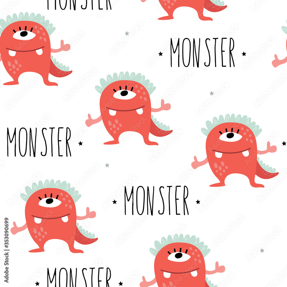 Obraz premium Funny monsters. Lovely seamless pattern for children designs. Sweet smiling creatures in bright colors in vector. Awesome childish background