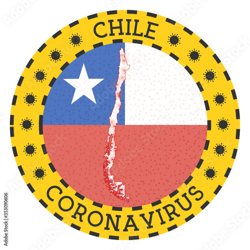 Coronavirus in Chile sign. Round badge with shape of Chile. Yellow country lockdown emblem with title and virus signs. Vector illustration.