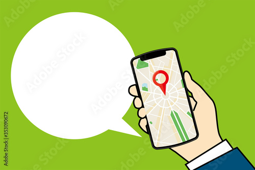 Basic地図マップが表示されたスマホ画面と手のイラスト・アイコン｜配達デリバリー配車アプリ｜Smartphone screen map application