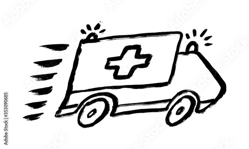 Ambulance doodle drawing, cartoon vector illustration. Grunge hand-drawn style. Simple icon.