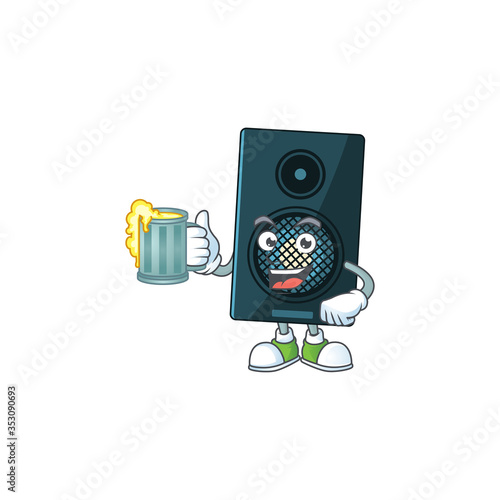 A cheerful sound system cartoon mascot style toast with a glass of beer