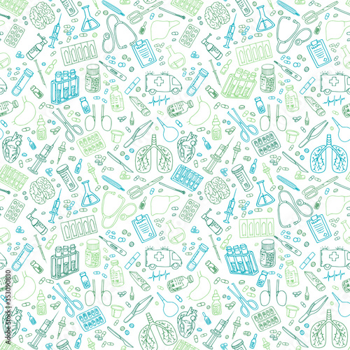 Medicine doodle. Hand drawn vector seamless pattern