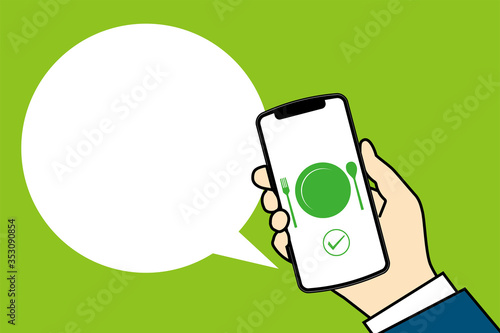 フォークスプーンのアイコンが表示されたスマホ画面と手のイラスト｜デリバリー配達のイメージ｜Smartphone screen delivery app