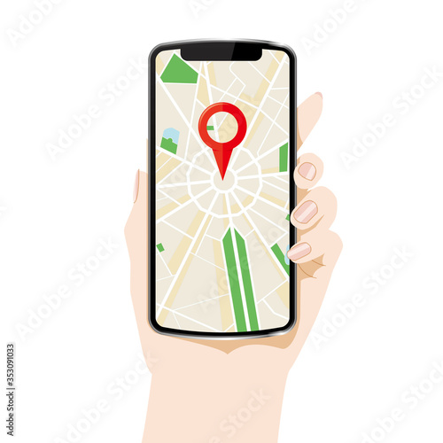 Basic地図マップが表示されたスマホ画面と手のイラスト・アイコン｜配達デリバリー配車アプリ｜Smartphone screen map application