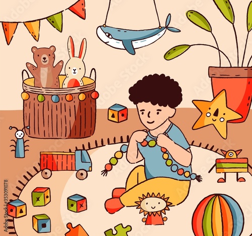 Joyful little baby boy playing with colorful toy at nursery room vector flat ...