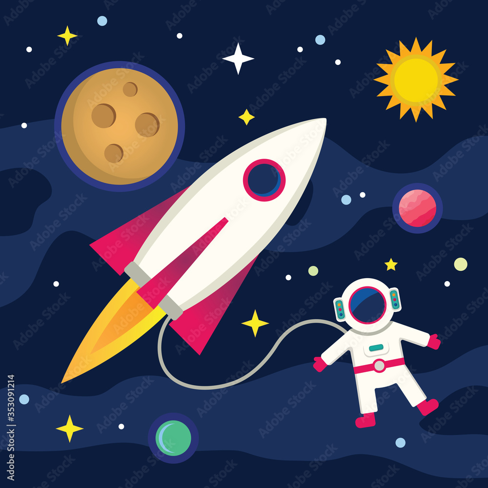 The spacecraft flying in space. In the background, the moon, planets and stars, the sun are visible. The spacecraft flying in space. In the background, the moon, planets and stars, the sun are visible.