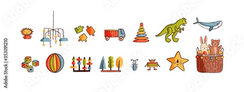 Set of different hand drawn childish toy vector flat illustration. Collection of various element for kids entertainment and educational games isolated on white. Playthings for baby development