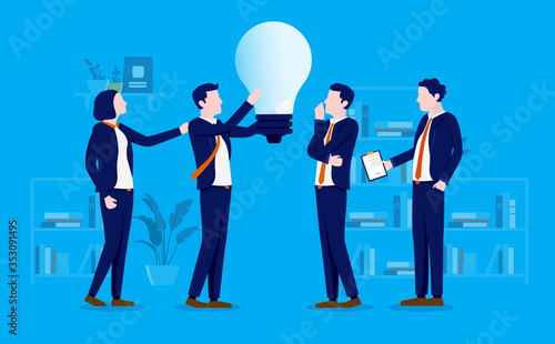 Brainstorming - Four businesspeople working in team coming up with a bright and big idea in office. Teamwork, planning, discussing, contemplating and progress concept. Vector illustration.