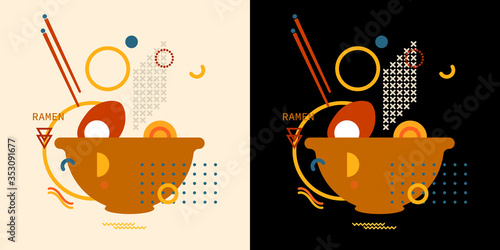 Bowl of ramen noodles soup with a pair of chopsticks icon thin line for web and mobile, modern minimalistic flat geometric memphis design. Clip art for menu, poster, print, banner