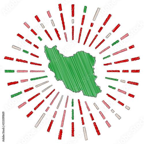 Sketch map of Iran. Sunburst around the country in flag colors. Hand drawn Iran shape with sun rays on white background. Vector illustration.