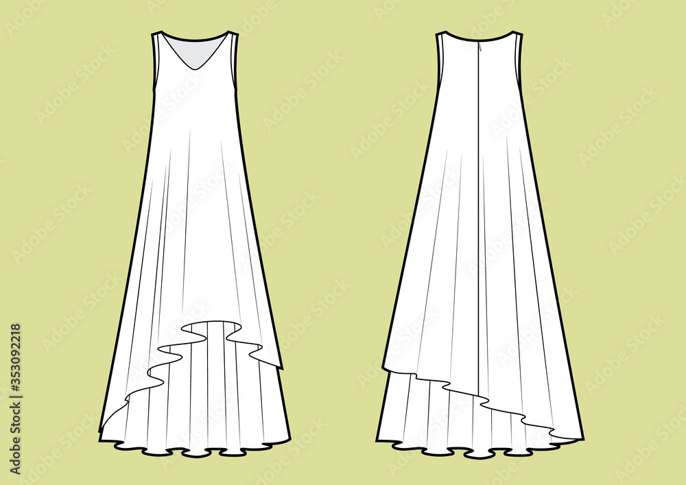 Vector illustration of maxi multilayer dress. Front and back. Vector illustration of maxi multilayer dress. Front and back.