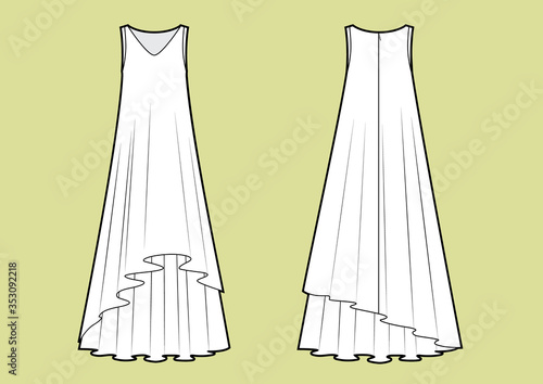 Vector illustration of maxi multilayer dress. Front and back.