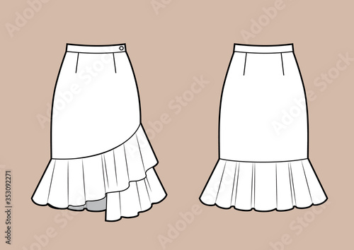 Asymmetric skirt with volant frill technikal sketch