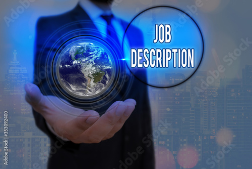 Writing note showing Job Description. Business concept for a formal account of an employee s is responsibilities Elements of this image furnished by NASA photo