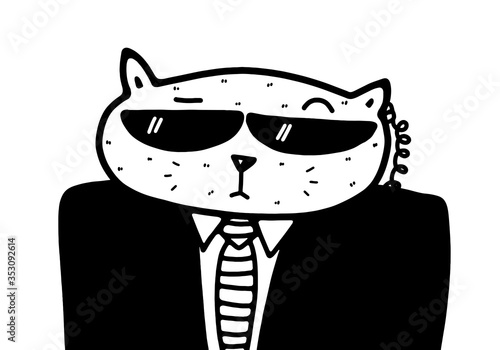 Doodle cat bodyguard character concept. Super spy illustration. Simple black and white design. Cute logo or icon. Agent in form and in black glasses. Tie and costume on house pet.
