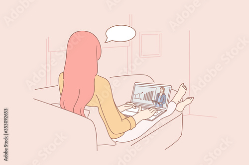Communication, freelance, video conference business concept. Young woman or girl freelancer lying on sofa at home talking with boss or colleague online. Remote work or business learning at isolation.