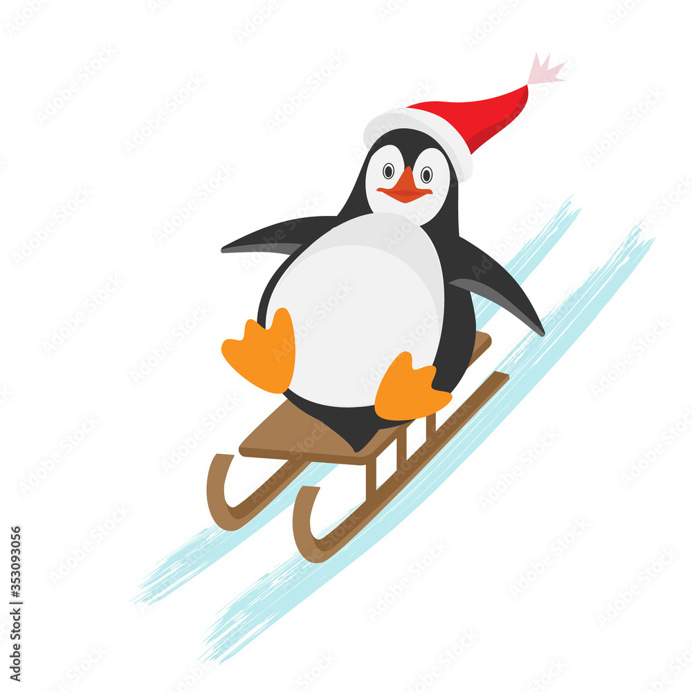 Obraz premium Funny Christmas penguin sledding down winter hills. Flat Vector cartoon isolated illustration with texture. Can be used as postcards, posters, greeting cards
