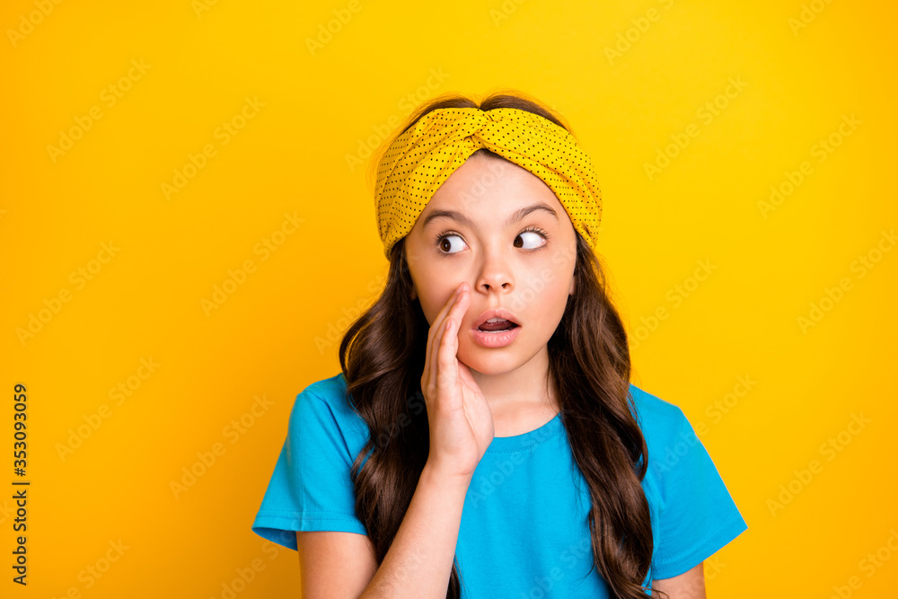 Portrait of shocked girl hold hand mouth hear corona virus spread novelty share whisper look copyspace wear blue good look stylish trendy isolated over bright shine color background Portrait of shocked girl hold hand mouth hear corona virus spread novelty share whisper look copyspace wear blue good look stylish trendy isolated over bright shine color background