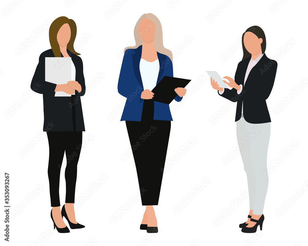 Three women. People at work. Vector characters, flat icon, isolated on white background. Three women. People at work. Vector characters, flat icon, isolated on white background.