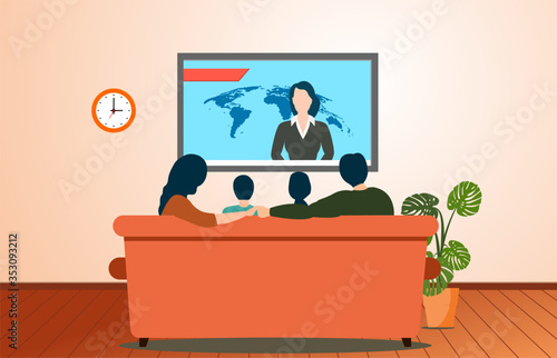 Family  watching TV daily news program sitting on the sofa at home in room.