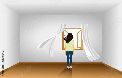Sad Young female character looking through the window. Back view.Depressive girl .problem and depression