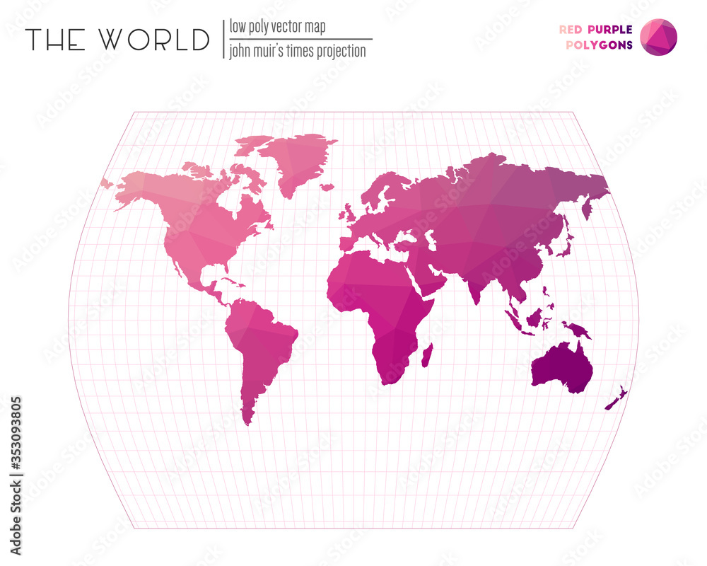 Triangular mesh of the world. John Muir's Times projection of the world. Red Purple colored polygons. Energetic vector illustration.