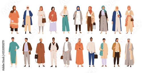Fototapeta Set of arabic man and woman in hijab vector flat illustration