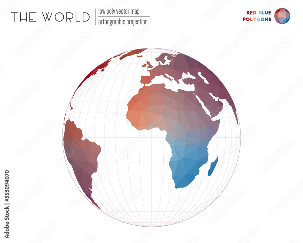 Vector map of the world. Orthographic projection of the world. Red and blue colored polygons. Beautiful vector illustration.