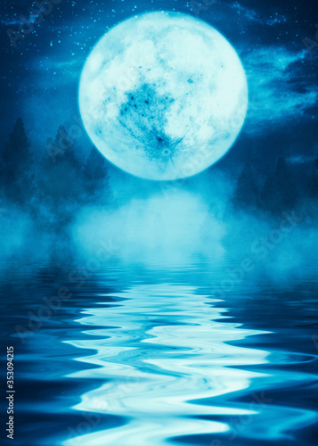Reflection of the full moon on the water. Dark dramatic background. Moonlight  smoke and fog