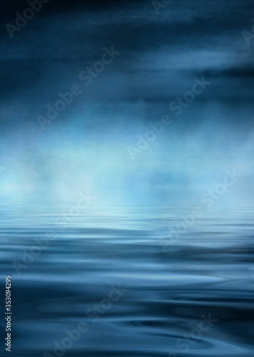 Dramatic dark background. Reflection of light on the water. Smoke fog