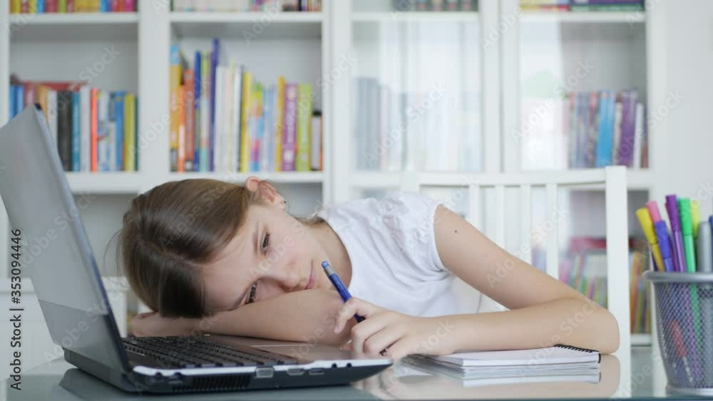 Bored Kid Studying for School, Tired Child at Study Office, Girl Doing Homework Bored Kid Studying for School, Tired Child at Study Office, Girl Doing Homework