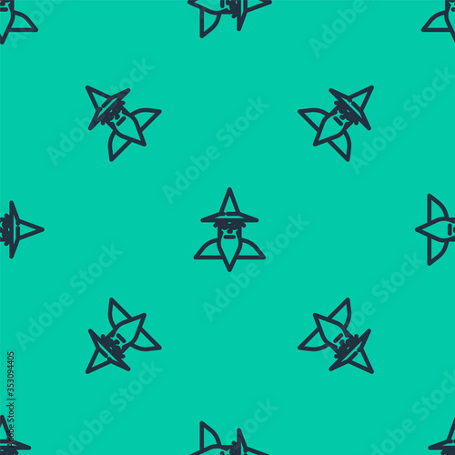 Blue line Wizard warlock icon isolated seamless pattern on green background. Vector Illustration