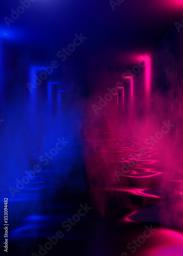 Dark abstract background. Reflection of neon figures on the water, smoke, fog. 3d illustration