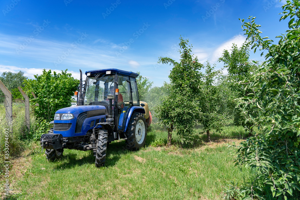 Tractor Sprays Apple Orchard in Springtime