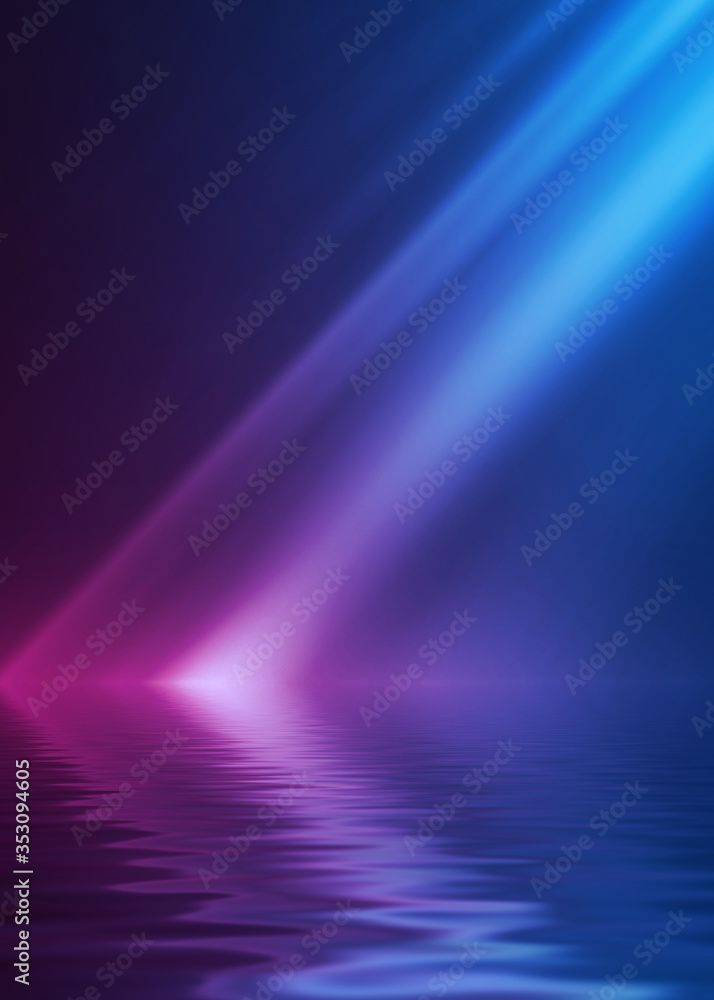 Dark abstract background. Reflection of neon figures on the water, smoke, fog. 3d illustration
