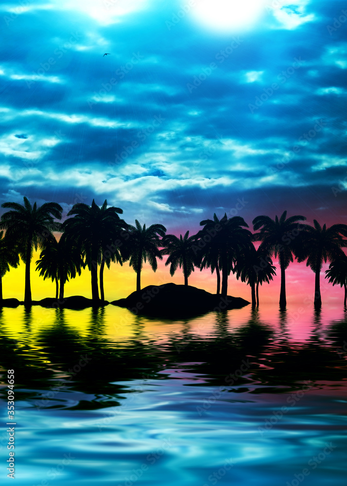 Tropical sunset with palm trees and sea. Silhouettes of palm trees on the beach against the sky with clouds. Reflection of palm trees on the water.