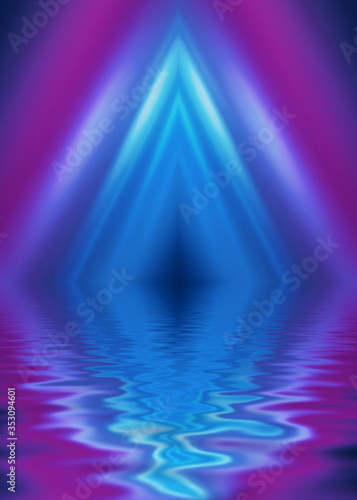 Dark abstract background. Reflection of neon figures on the water  smoke  fog. 3d illustration