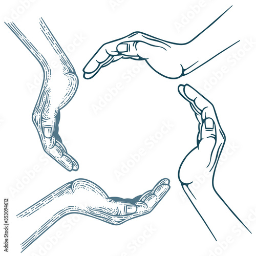Hand palms engraving style vector illustration. Protect and care concept metaphor graphic. Part of set. 