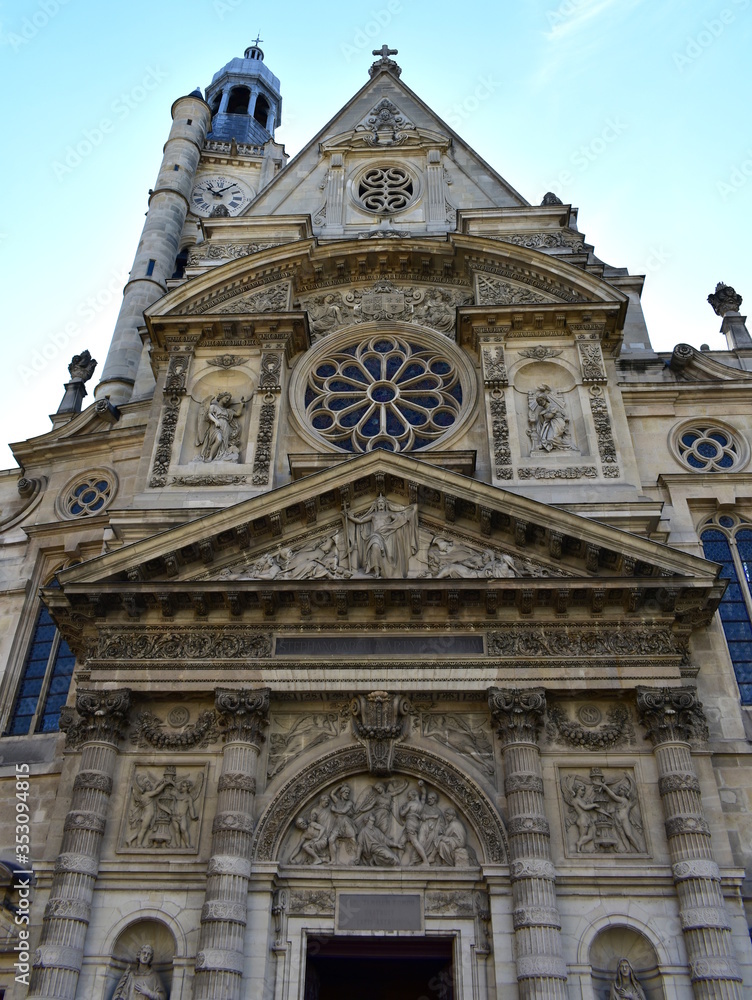 Saint-Etienne-du-Mont Church facade close-up. Paris, France.