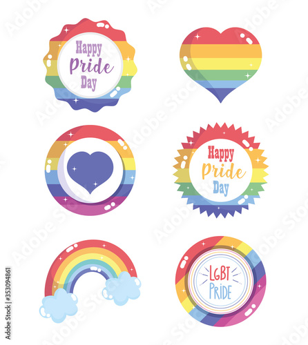happy pride day, rainbow flag heart label badge set LGBT community
