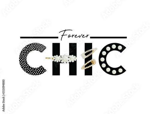 Graphic for t-shirt design and print with a slogan and pearl hairclips.