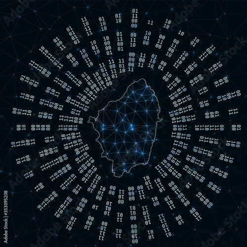 Naxos digital map. Binary rays radiating around glowing island. Internet connections and data exchange design. Vector illutration.