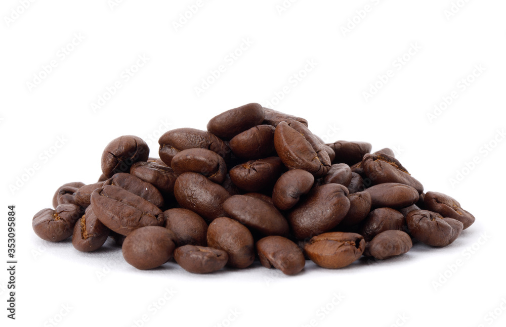 Naklejka premium Roasted coffee beans studio shot isolated on white background, Healthy products by organic natural ingredients concept