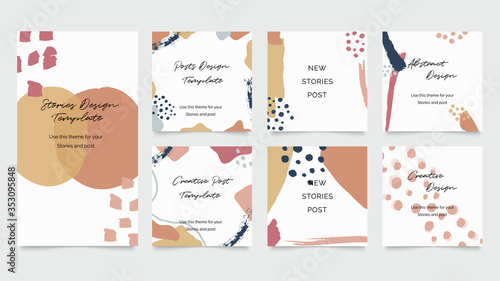 Social media stories and post creative Vector set. Background template with copy space for text and images design by abstract colored shapes,  line arts , Tropical leaves  warm color of the earth tone